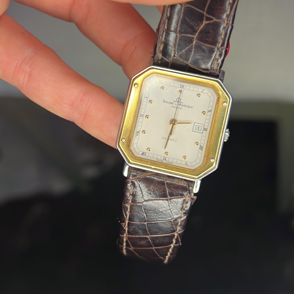 Baume & Mercier Stainless Steel Acier Inox Crocodile Leather Band Vintage Watch